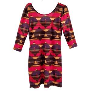 American Rag Cie Red Aztec Tribal Western Print Long-sleeved Dress Women's Sz M